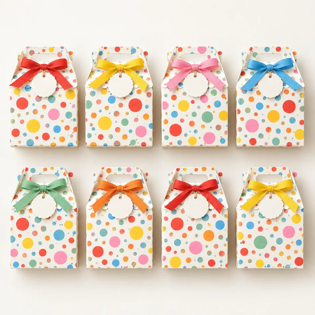 Confetti Club Favor Boxes, everything in the set laid out