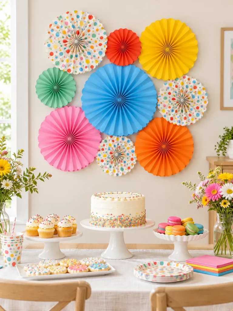 Confetti Club Paper Fan Wall set up at a party