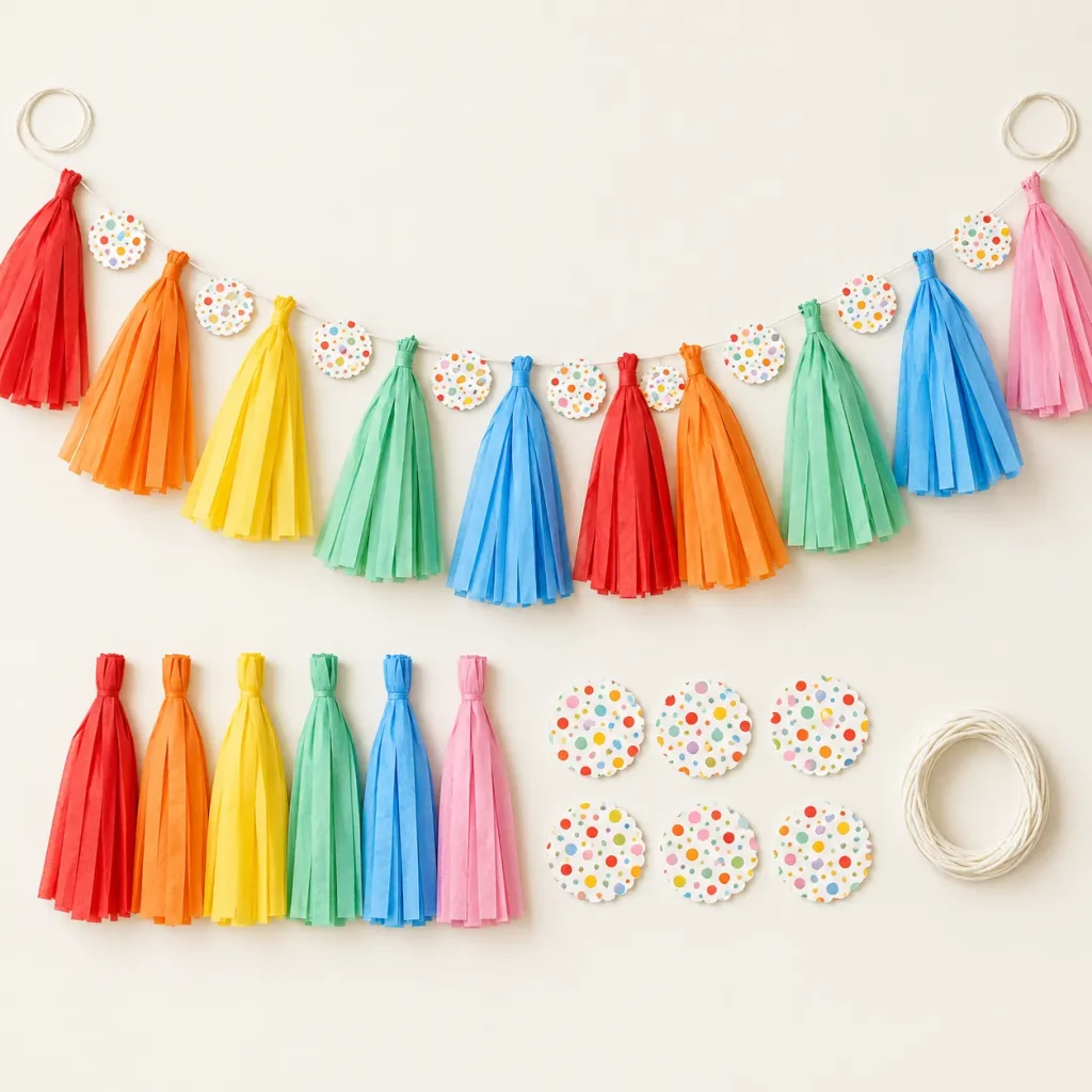 Confetti Club Tassel Garland, everything in the set laid out