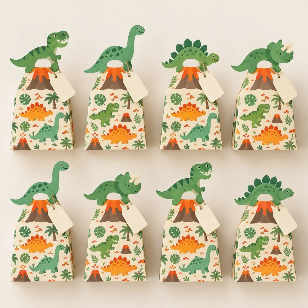 Dino Dig Favor Boxes, everything in the set laid out