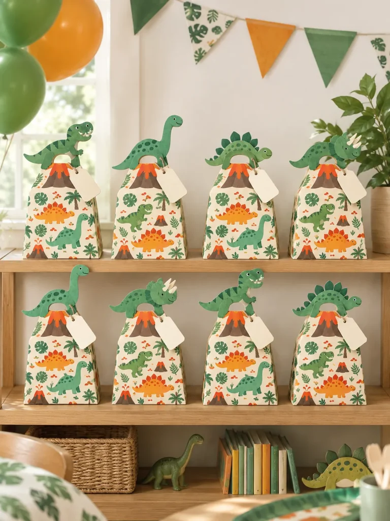 Dino Dig Favor Boxes set up at a party