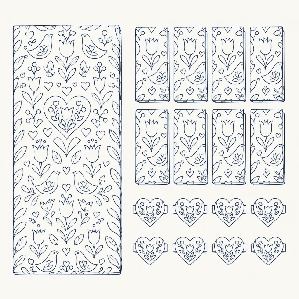 Folk Hearts Fabric Runner Set, line drawing