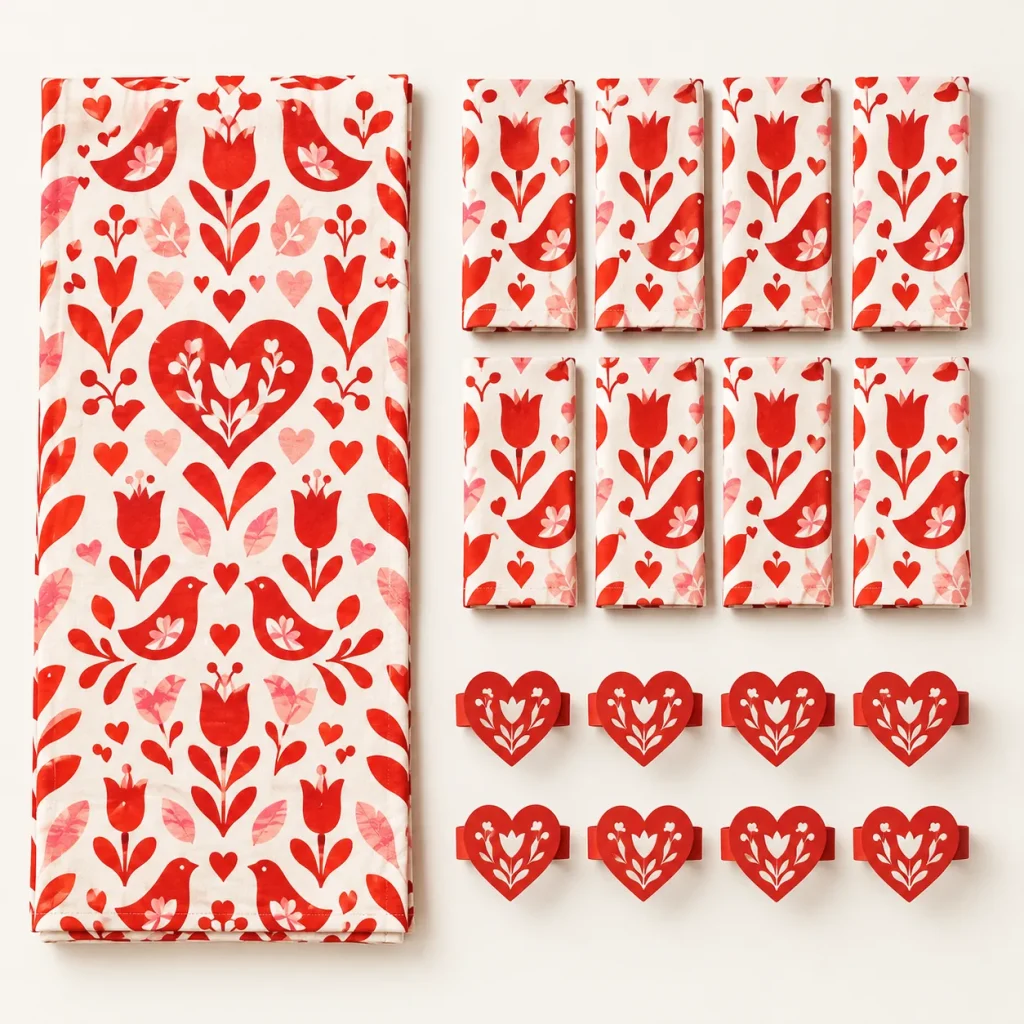 Folk Hearts Fabric Runner Set, everything in the set laid out