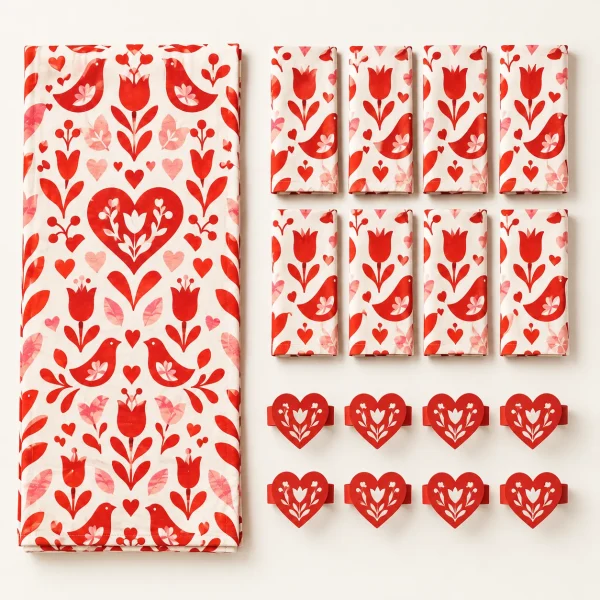 Folk Hearts Fabric Runner Set, everything in the set laid out