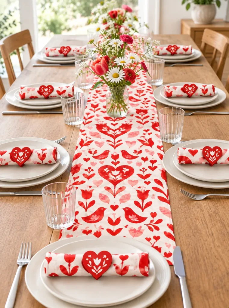 Folk Hearts Fabric Runner Set set up at a party
