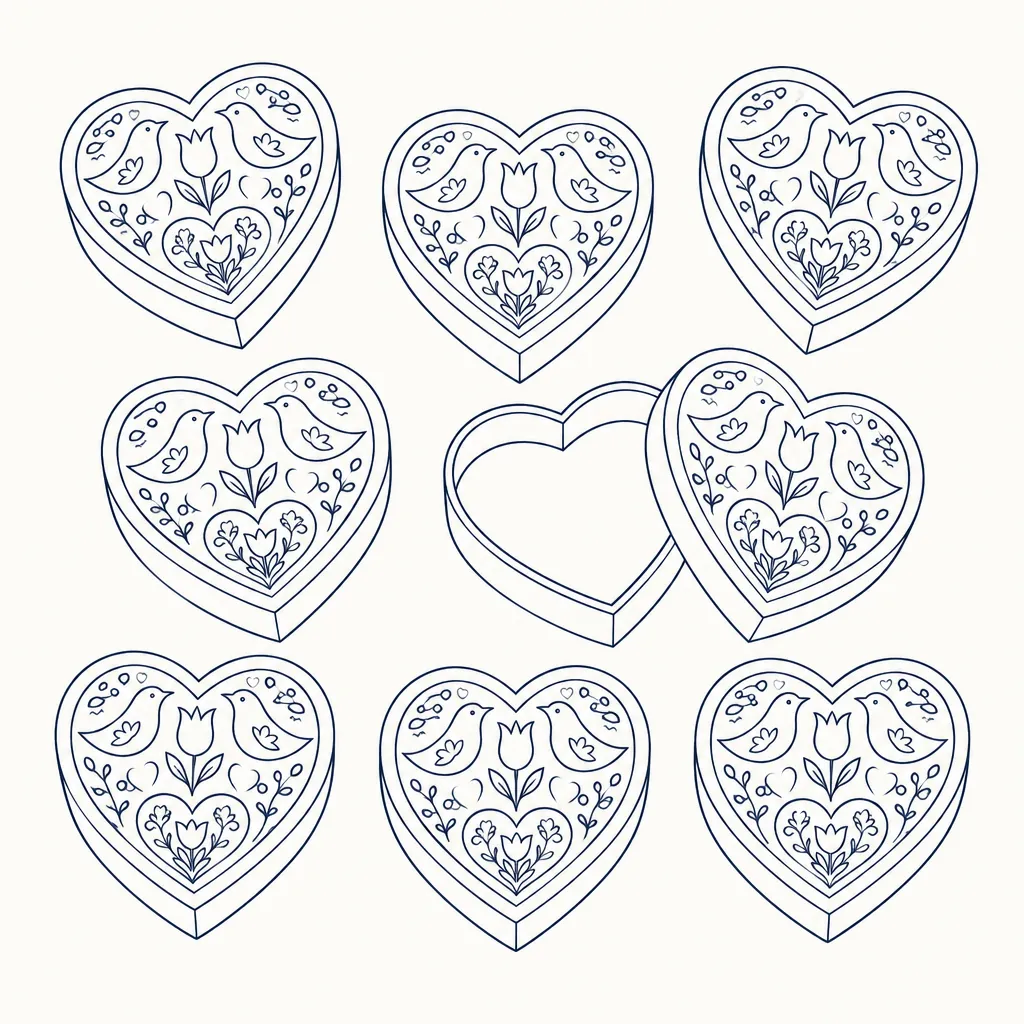 Folk Hearts Favor Boxes, line drawing