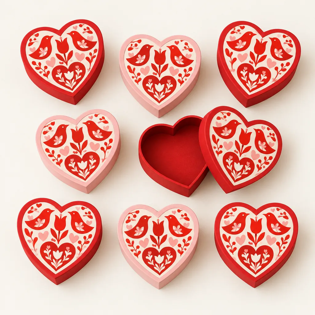 Folk Hearts Favor Boxes, everything in the set laid out
