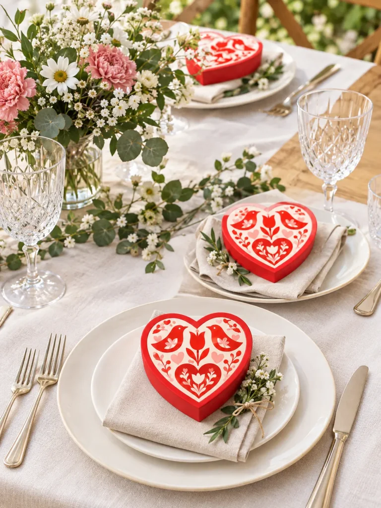 Folk Hearts Favor Boxes set up at a party