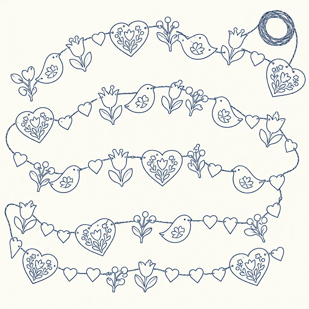 Folk Hearts Garland, line drawing