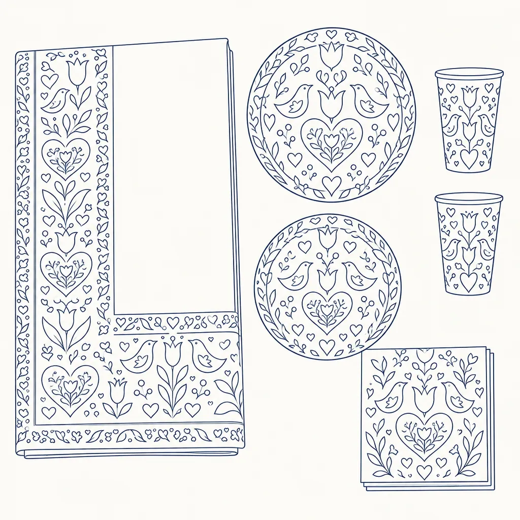 Folk Hearts Table Set, line drawing