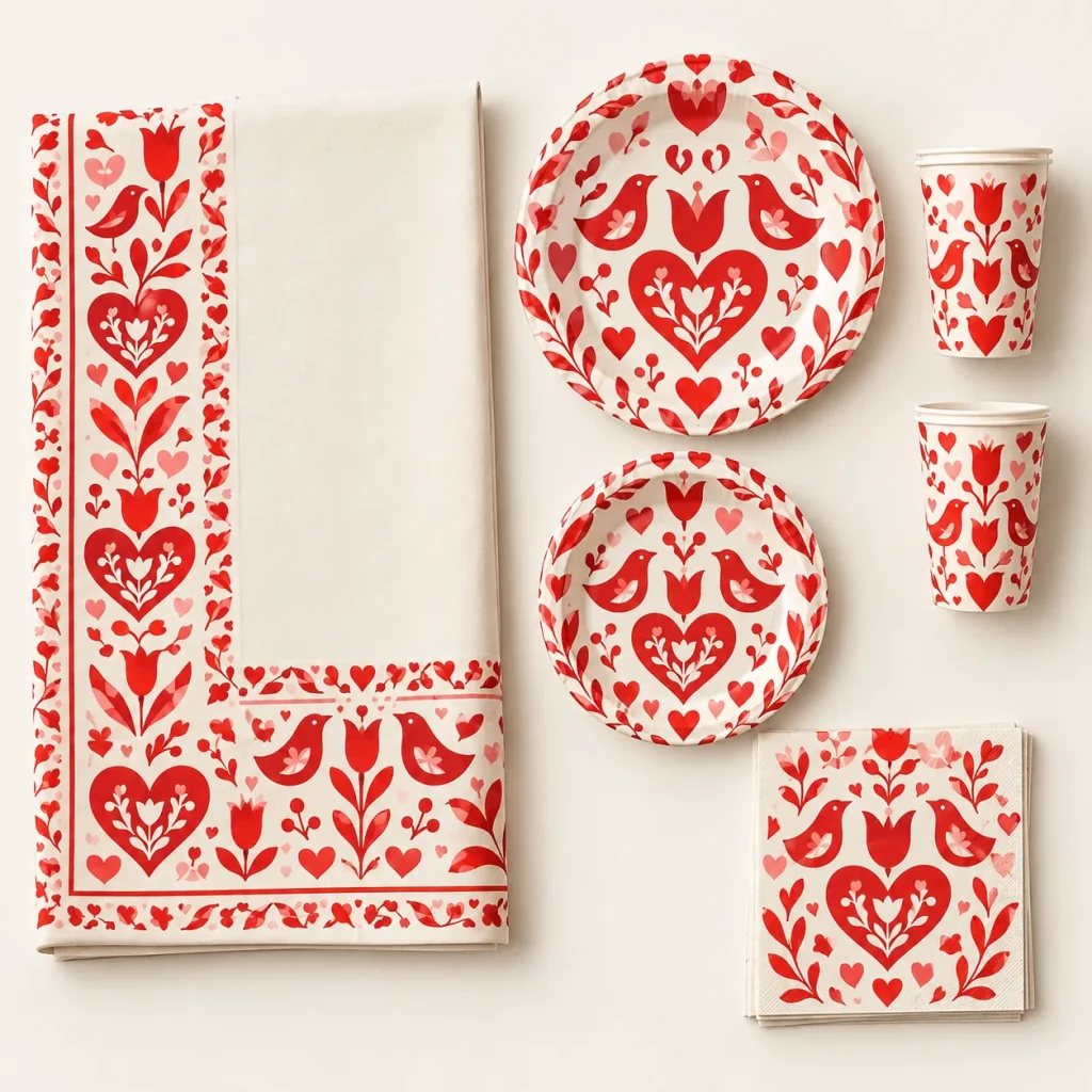 Folk Hearts Table Set, everything in the set laid out