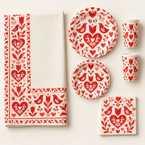 Folk Hearts Table Set, everything in the set laid out