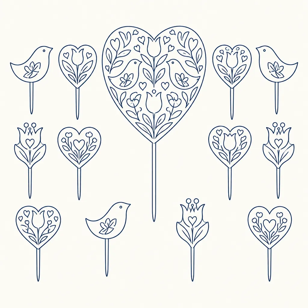 Folk Hearts Topper Set, line drawing