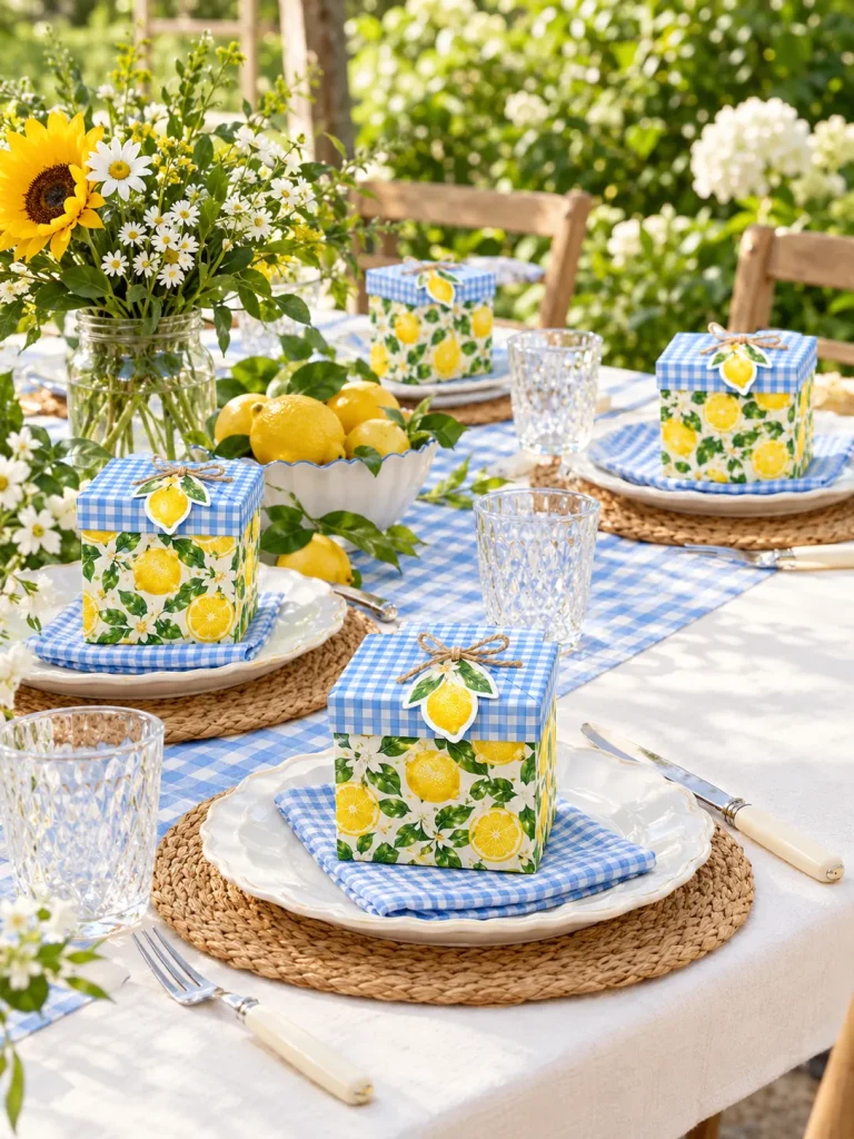 Lemon Grove Favor Boxes set up at a party