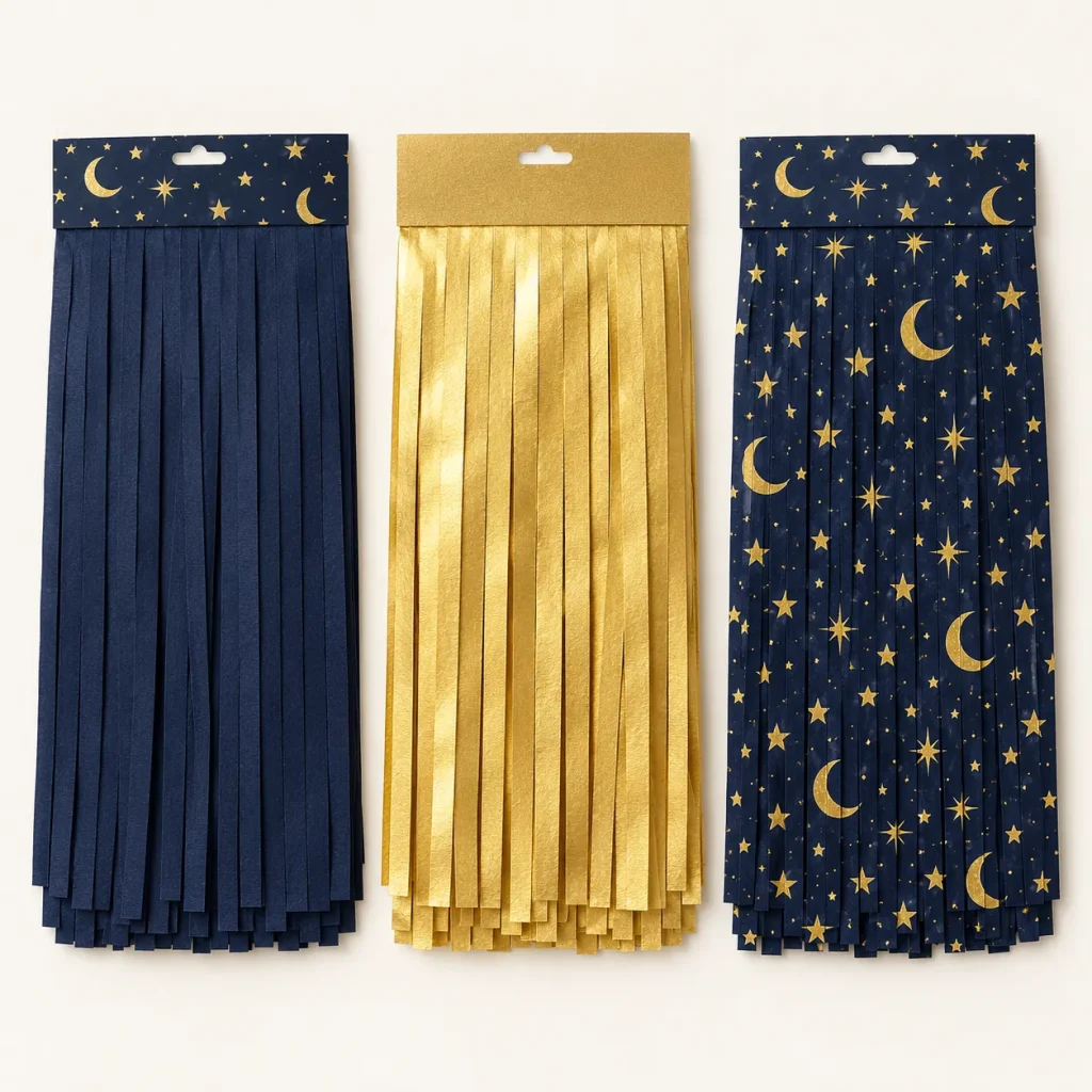 Night Sky Fringe Curtain, everything in the set laid out