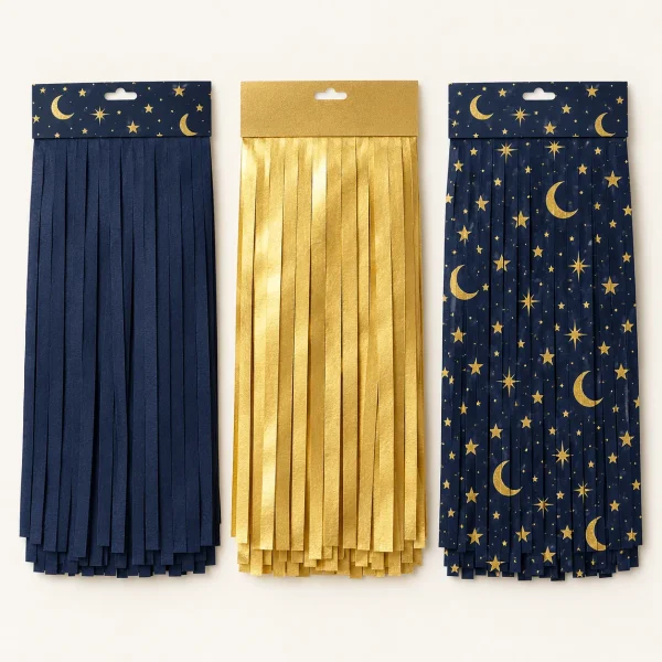 Night Sky Fringe Curtain, everything in the set laid out