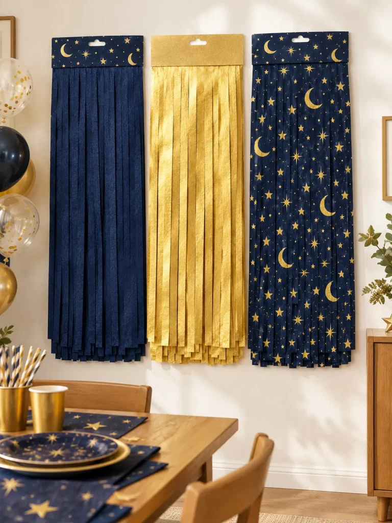 Night Sky Fringe Curtain set up at a party
