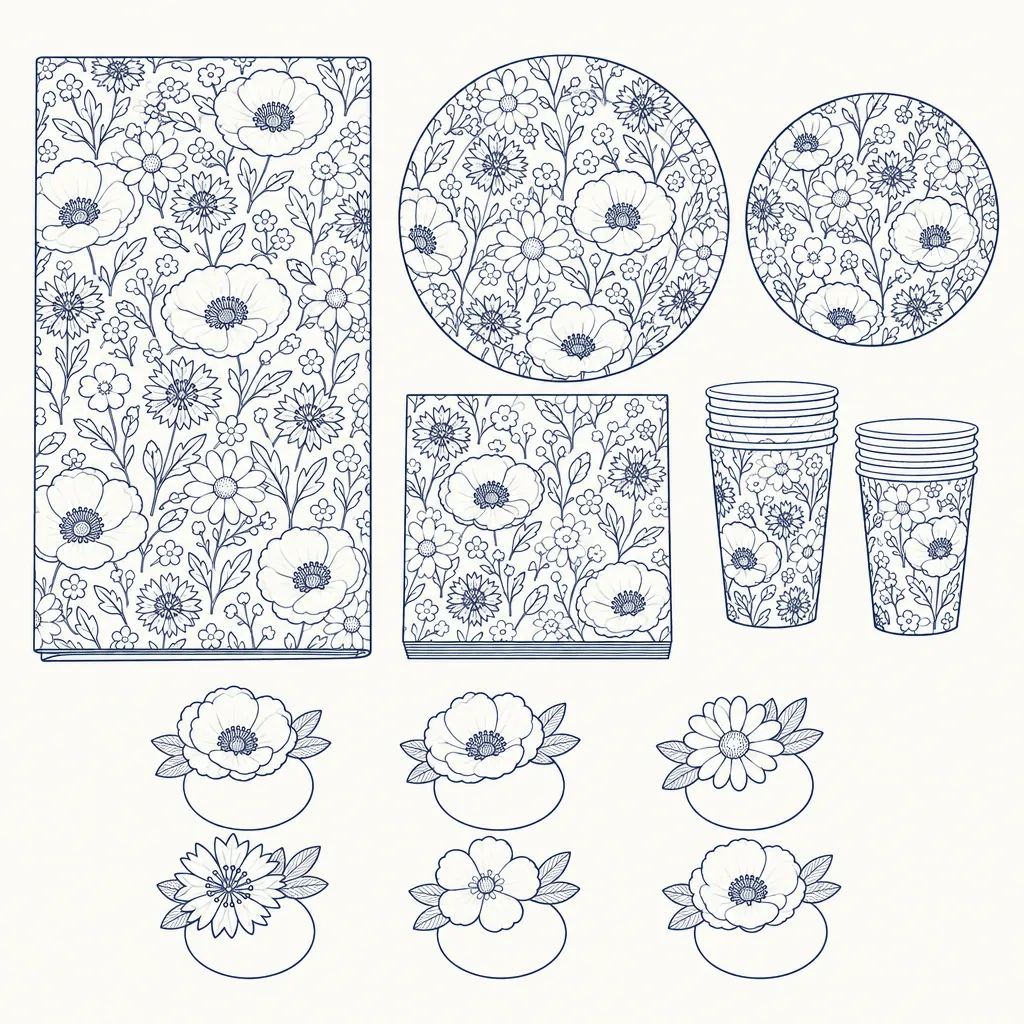 Wildflower Table Set, line drawing
